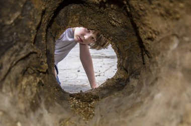 Küçük çocuk bir ağaç gövdesi boş delikten arıyorsunuz