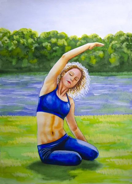 Watercolor painting - a girl practices yoga in nature, on the banks of the river — Stock Photo, Image