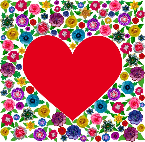Briefkaart Voor Valentijnsdag Rood Hart Een Achtergrond Van Bloemen Verschillende — Stockfoto