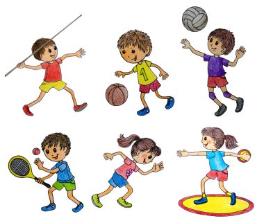Çizim ile kalem beyaz bir arka plan üzerinde renkli - çocuk çeşitli spor nişanlandık