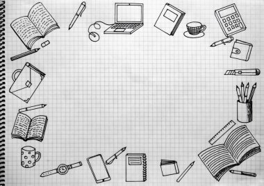 Temiz parça kare kağıt üzerinde farklı office nesneleri ile siyah kontur çizilir