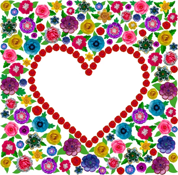 バレンタインのカード さまざまな色の花の背景に赤いバラのハート — ストック写真