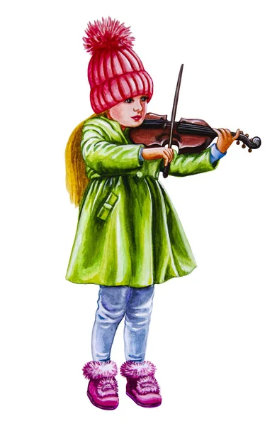 Aquarellmalerei - kleines Mädchen in Winterkleidung, das Geige spielt — Stockfoto