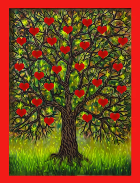 Pintura Óleo Árbol Decorativo Con Una Corona Verde Corazones Rojos — Foto de Stock