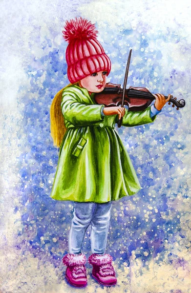 Aquarellmalerei Ein Kleines Mädchen Winterkleidung Spielt Geige Auf Winterlichem Hintergrund — Stockfoto