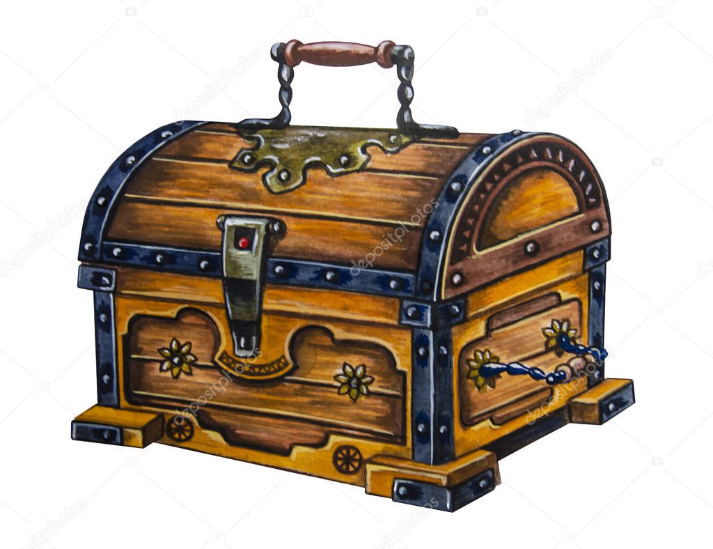 Watercolor illustration - vintage wooden chest on a white background