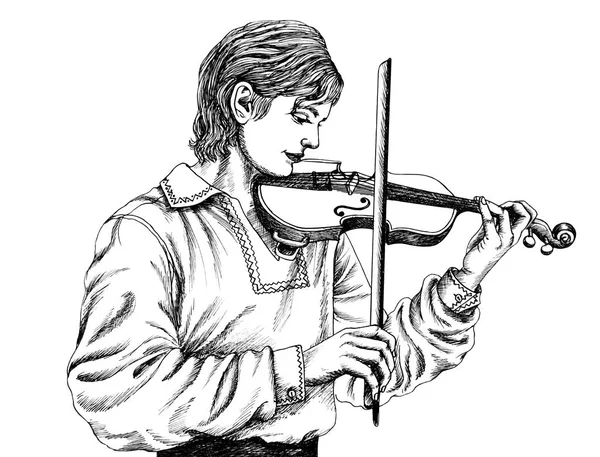 Disegno Grafico Contorno Nero Sfondo Bianco Musicista Suona Violino — Foto Stock