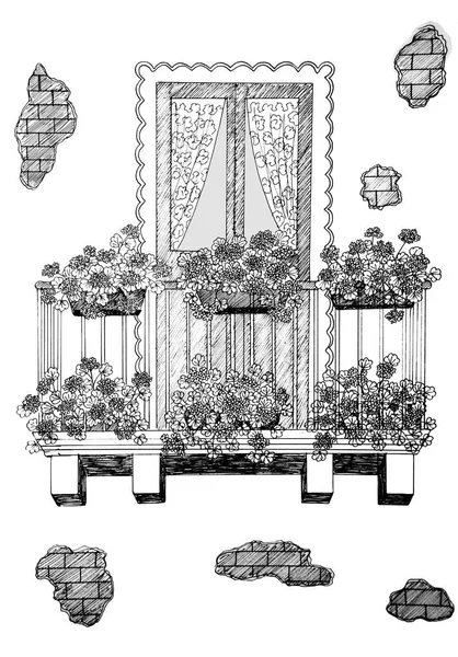 Graphic drawing in black outline - a door on the balcony and flower pots — Stock Photo, Image