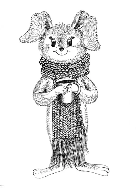 Graphic Drawing Hare Knitted Scarf Neck Holds Cup Its Paws — Stock Photo, Image