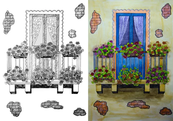 绘画为着色和水彩画 门到阳台和花盆 — 图库照片