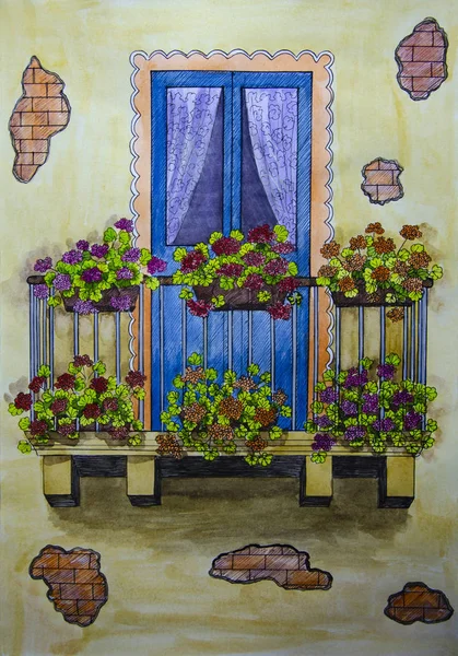 水彩画 通往阳台和花盆的门 — 图库照片