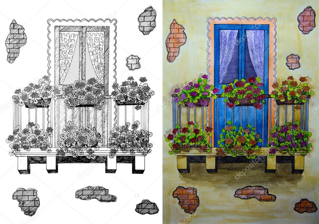 Drawing for coloring and watercolor painting - the door to the balcony and flower pots