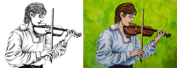 Aquarellmalerei Und Schwarz Weiß Grafik Männlicher Musiker Spielt Geige — Stockfoto