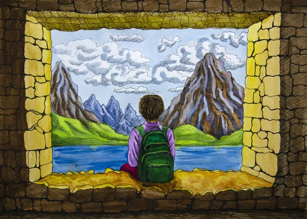 水彩画 一个男孩坐在石头建筑的窗户上 看着山 — 图库照片#