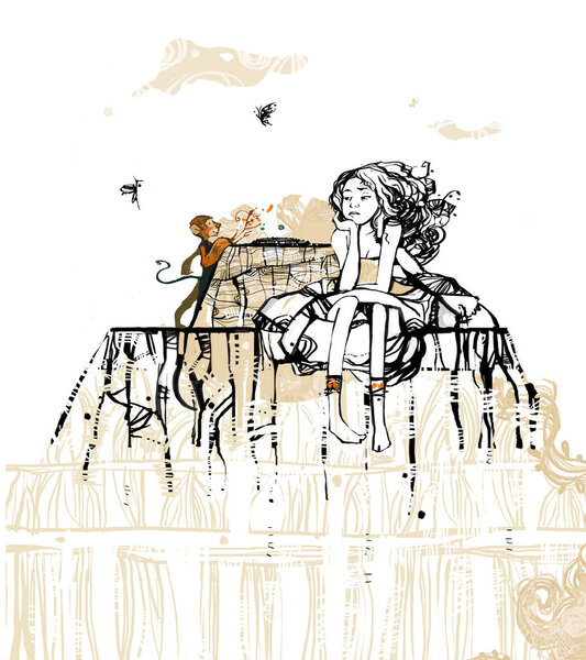 Graphic drawing - a girl sits pensive, next to a monkey