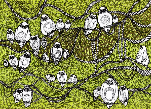 Графічний Малюнок Багато Сови Гілках Дерев — стокове фото