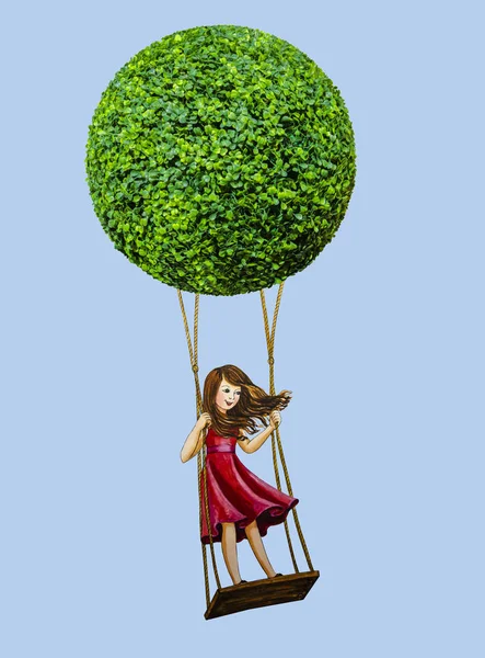 Een Meisje Vliegen Een Groene Ballon Achtergrond Voor Tekst — Stockfoto
