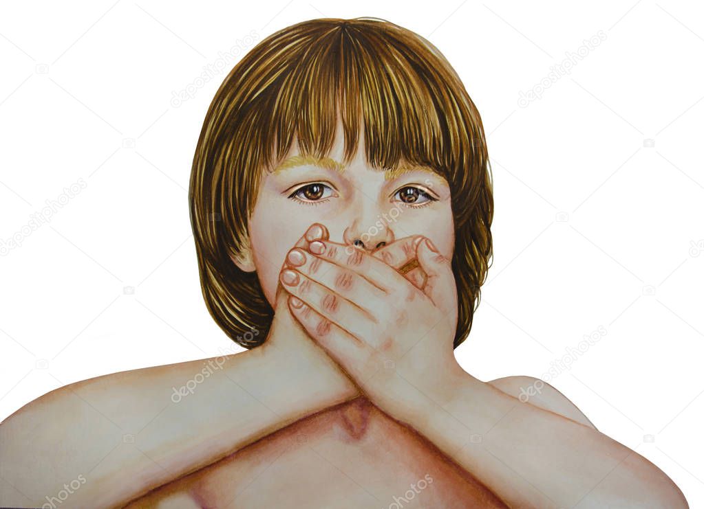 Little boy covers his mouth with hands - watercolor painting
