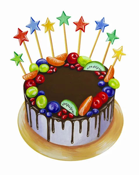 蛋糕上覆盖着巧克力奶油, 装饰着水果和星星 — 图库照片#