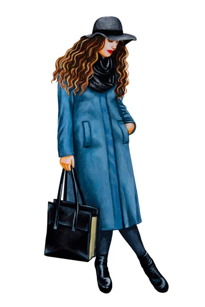 Дівчина з довгим волоссям носить блакитну шубку і капелюх, тримаючи в руці сумку — стокове фото
