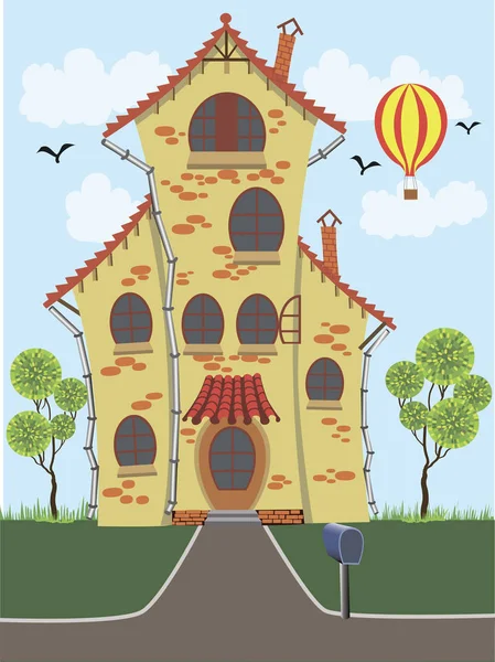 一个神话般的高砖房子和气球在天空的插图 — 图库照片