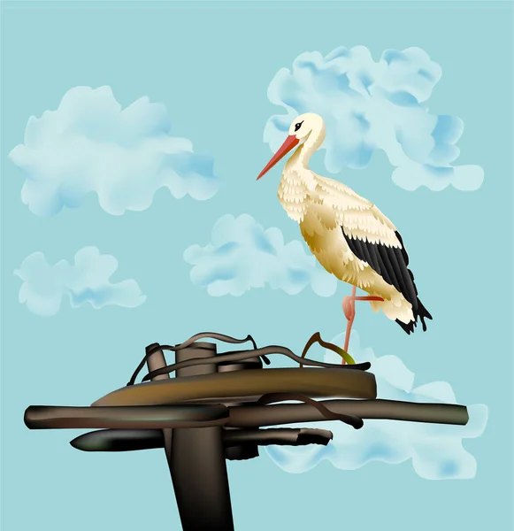 Cigüeña de dibujos animados en nido en la chimenea vector, gráfico