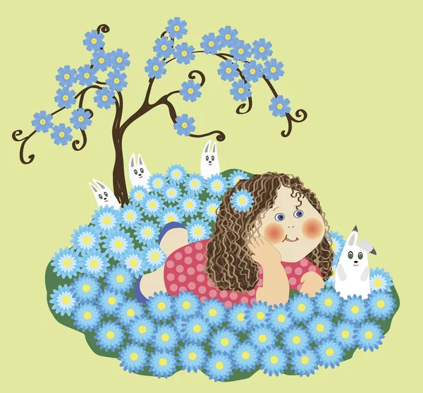 插图上，一个小女孩躺在田野上，花丛中，靠近一棵开花的树和野兔。 — 图库照片#