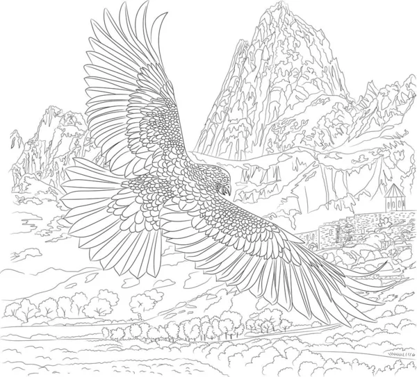 Орлан літає над горами - малює для розфарбування, чорний контур на білому — стоковий вектор