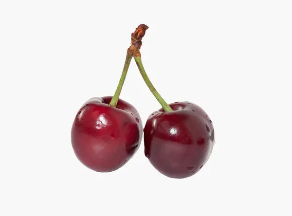 Two Ripe Cherries One Graft Isolated White Background — Stock Photo, Image