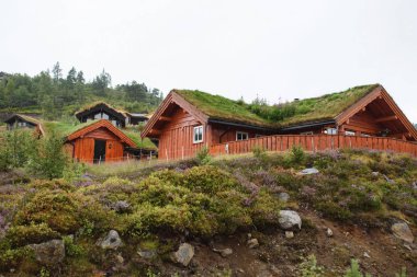 çim çatı tepe üzerinde kırmızı ahşap evler