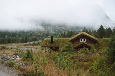 ev çim çatısı ve sis dağlarda görüntüleyin