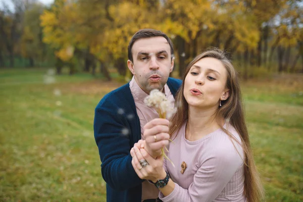 Frau Und Liebender Ehemann Park Mit Löwenzahnblumen — Stockfoto