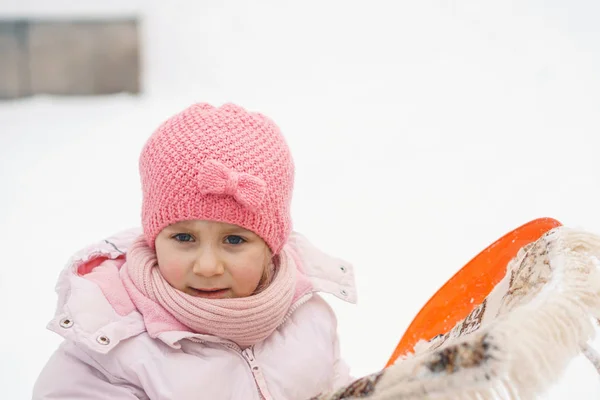 Nettes Mädchen Rosa Mütze Und Orangefarbenem Schlitten Mit Teppich — Stockfoto