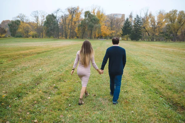 在公园里 走着的女人和有爱心的丈夫在户外的背景下 情侣们手牵手 走在绿草草地上 — 图库照片