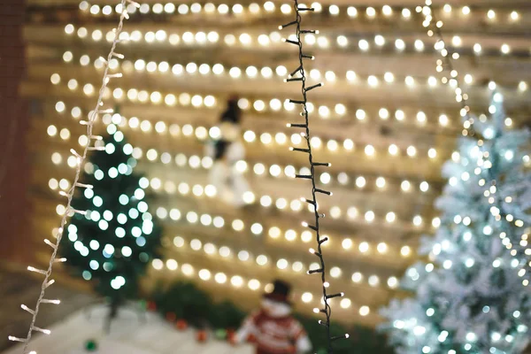 Different Garlands Wooden Christmas House — Stock Photo, Image