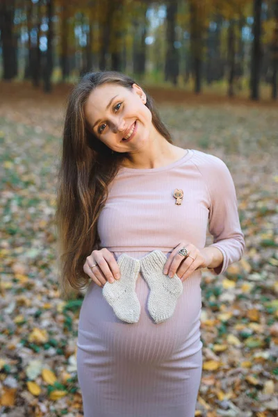 Беременная Женщина Платье Позирует Осеннем Парке Держит Животе Вязаные Носки — стоковое фото