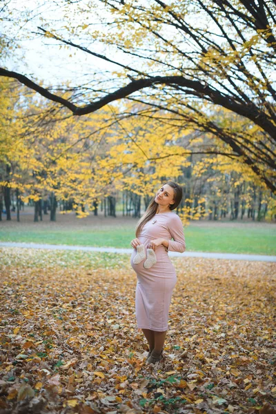 Zwangere Vrouw Jurk Poseren Herfst Park — Stockfoto