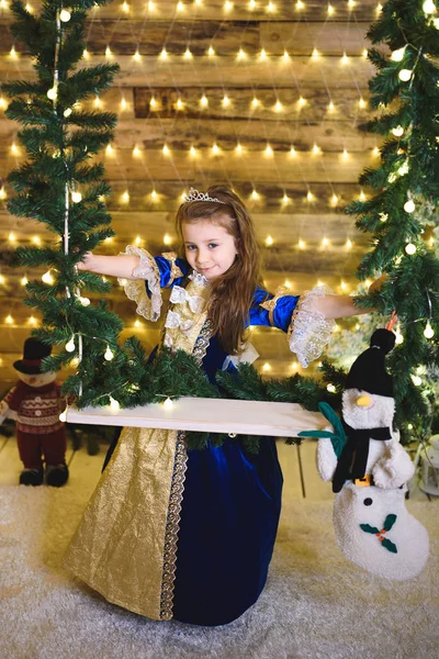 Rozkošný Kavkazských Holčička Šatech Pózuje Domě Vánoční Stojící Houpačce Větvemi — Stock fotografie