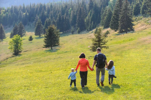 Familia Caminando Prado Bosque Pinos — Foto de Stock