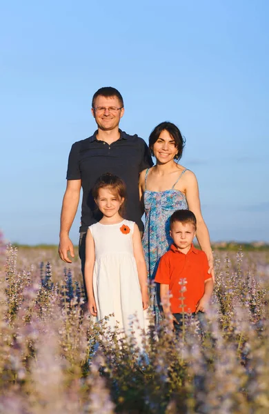 Genitori Figli Campo Salvia Viola Tramonto — Foto Stock