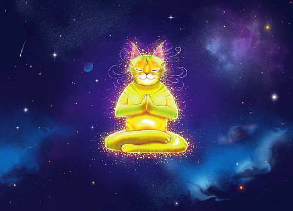 Fantasy shining yellow cat in meditation with lotus yoga position in space