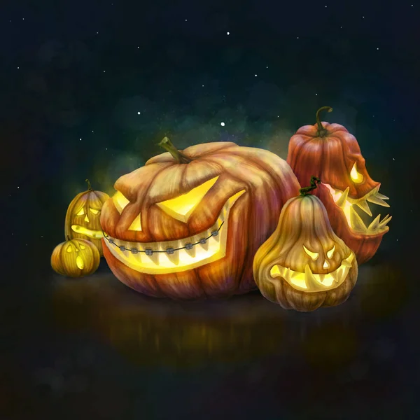 Group Halloween Pumpkins Dark Night Background Biggest Pumpkin Have Straight — Stock Photo, Image