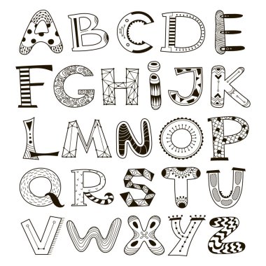 Siyah ve beyaz sanatsal harfler çizilmiş küme. Yazı tipi, harf, alfabe. Doodle Abc çocuklar için. Vektör.
