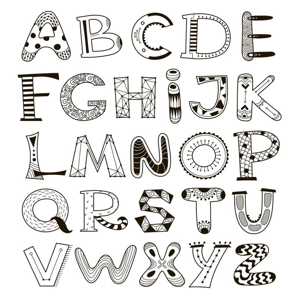 黒と白の芸術的な文字を手描きのセット フォント アルファベット 子供のための Abc を落書き ベクトル — ストックベクタ