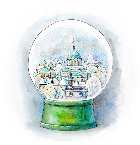 Watercolor painted snow globe with old town isolated on white background