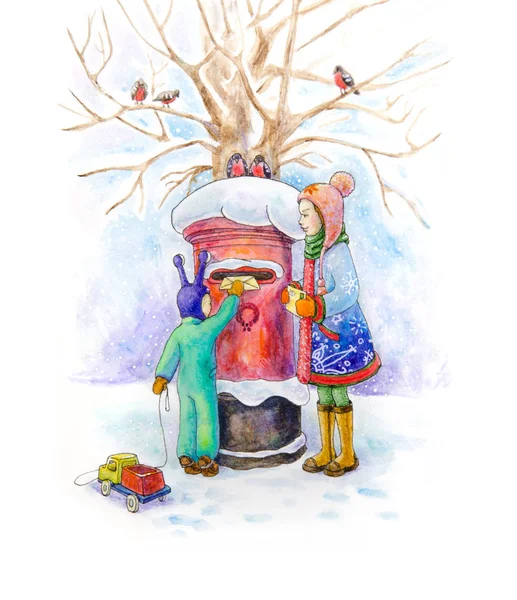 Акварель Розмальовує Милих Персонажів Мама Син Відправляючи Різдвяну Пошту — стокове фото