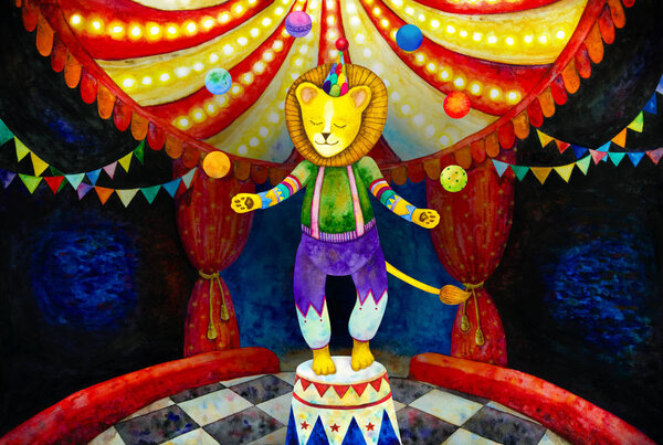 Watercolor illustration of circus lion juggling with colorful balls at the circus arena