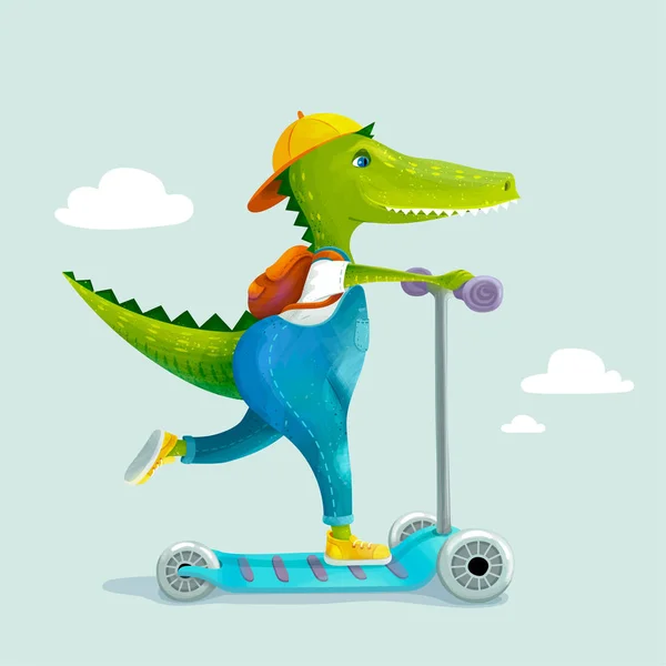 Cute crocodile kid riding a kick scooter — Stock Vector