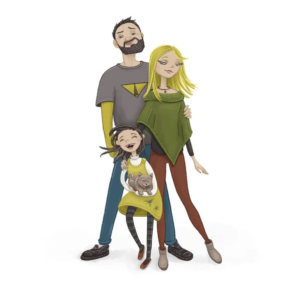 Πορτρέτο Των Τριών Μελών Ευτυχισμένη Οικογένεια Και Ένα Σκυλί Που — Φωτογραφία Αρχείου