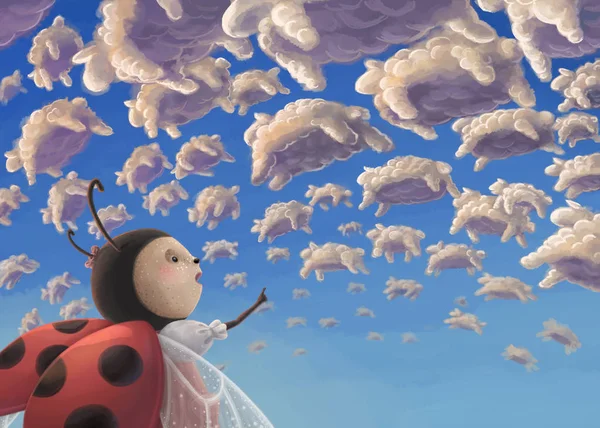 Цифрова Ілюстрація Милого Сонечка Рахує Вівці Хмари Перед Сном — стокове фото